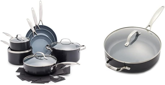 GreenPan Valencia Pro Hard Anodized Healthy Ceramic Nonstick 11 Piece Cookware Pots and Pans Set & GreenPan Valencia Pro Hard Anodized Healthy Ceramic Nonstick 4.5QT Saute Pan Jumbo Cooker.Gray