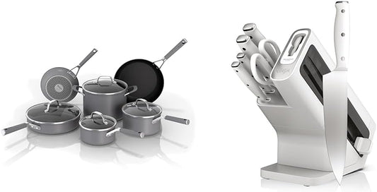 Ninja CW69010 NeverStick Comfort Grip 10-Piece Cookware Set. Nonstick. Durable. Scratch Resistant & K12007WHBN NeverDull 7-Piece Prep Knife System. Essential. High Carbon Stainless Steel
