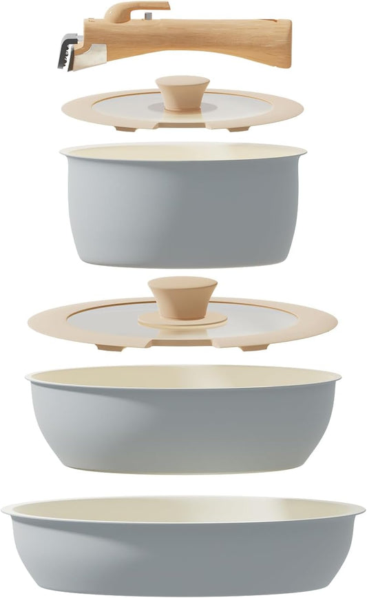 ShanSon 6 Pieces Kitchen Non-Stick Cookware Sets with Removable Handle. Stackable Pots and Pans Set Nonstick for Induction Gas RVs Camping Space Saving .Gray