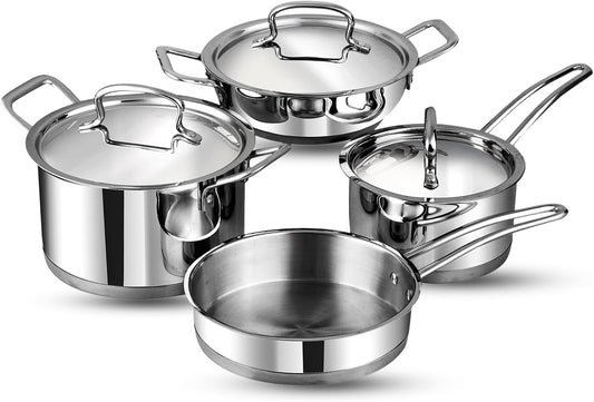 Vinod Classic Deluxe Stainless Steel Cookware Combo Set of 4 Pcs/Saucepan. Saucepot. Kadai and Frypan/Deep Kadhai for Cooking/Heavy Induction Bottom