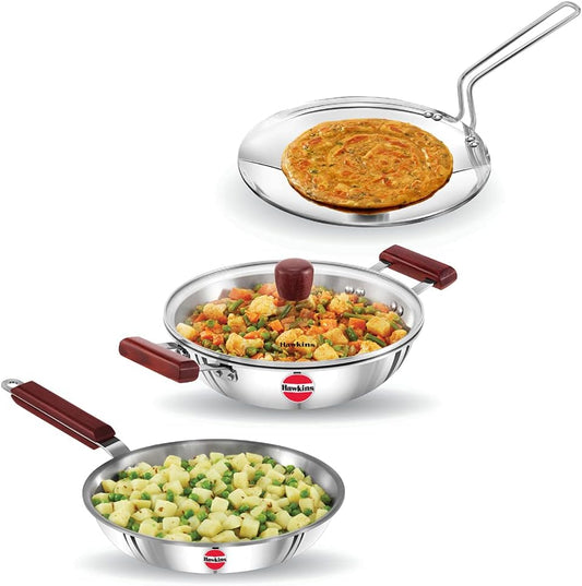 Hawkins Triniti 3 Pieces Triply Stainless Steel Cookware Set 2 - Frying Pan. Tava. Deep-Fry Pan with Glass Lid. Silver (SSET2)