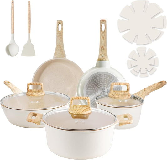 ZHANG XIAO QUAN SINCE 1628 Pots and Pans Set with Lids. 14 PCS Cast Aluminium Non Stick Ceramic Coating Granite Cookware Set. Non-toxic Kitchen Essentials. Beige