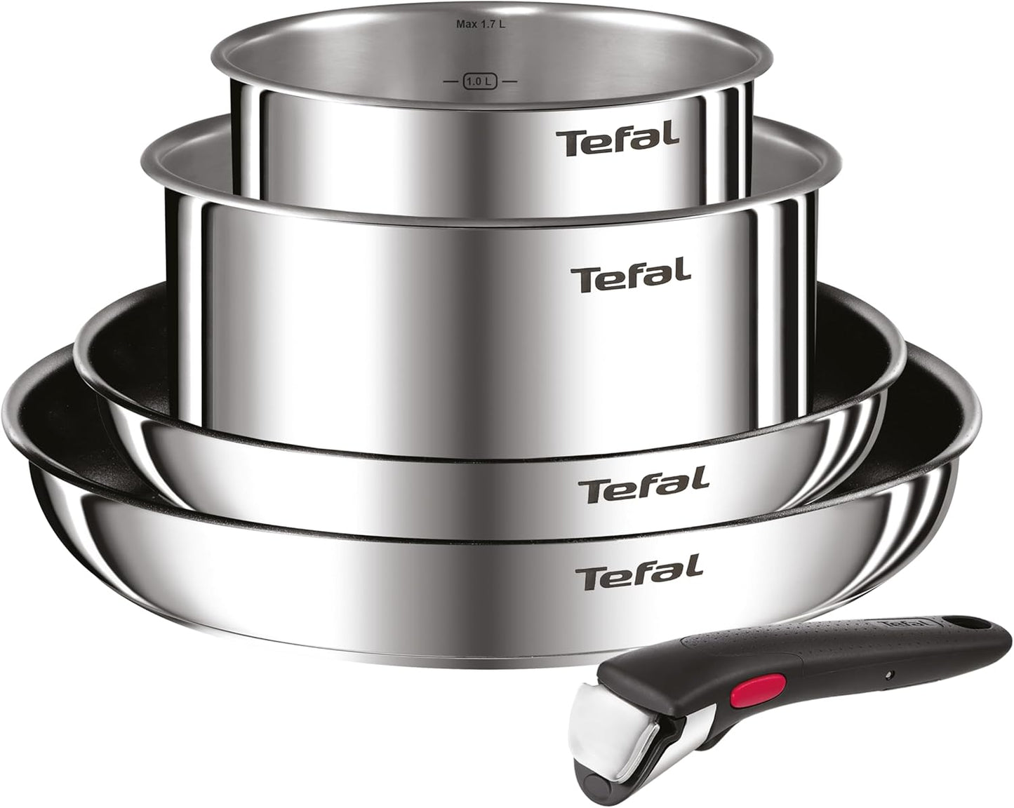 Tefal Ingenio L897SK04 20-Piece Cookware Set. Frying Pans with 2 Removable Handles. Induction. Non-Stick Coating. Stackable. Dishwasher Safe. Emotion L897SK04. Silver