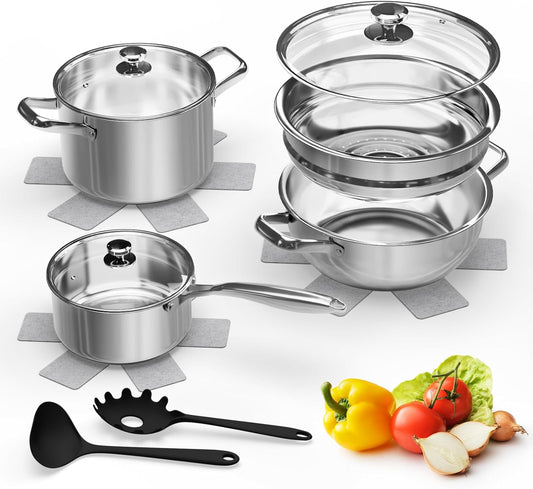 Stainless Steel Cookware Set.12-Piece Pots and Pans Set Non Toxic.Kitchen Cookware Set.Glass Lids.With 3 pot holders and 2 spoons.Oven & Dishwasher Safe