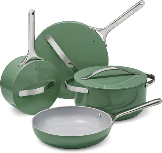 Caraway Nonstick Ceramic Cookware Set (12 Piece) Pots. Pans. Lids and Kitchen Storage - Non Toxic - Oven Safe & Compatible with All Stovetops - Sage