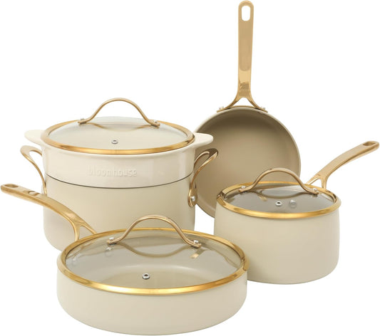 bloomhouse 8 Piece Pots and Pans Heavy Duty Aluminum Premium PFA Free Ceramic Nonstick Cookware Set - Almond Cream w/Gold Handle