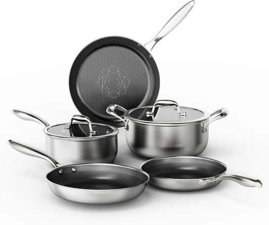 COOKER KING Stainless Steel Cookware Set. Pots and Pans Set Non Stick. Hybrid Ceramic Cookware. Frying Pans. Saucepans & Stock Pot with Glass Lid. Non-Toxic. Oven Safe. Induction Compatible