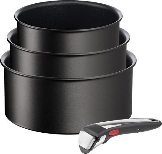Tefal Ingenio Unlimited ON Try-Me Pan Set. 3 Pieces Stackable. Removable Handle. Space Saving. Non-Stick. Induction. Black (L3959443)